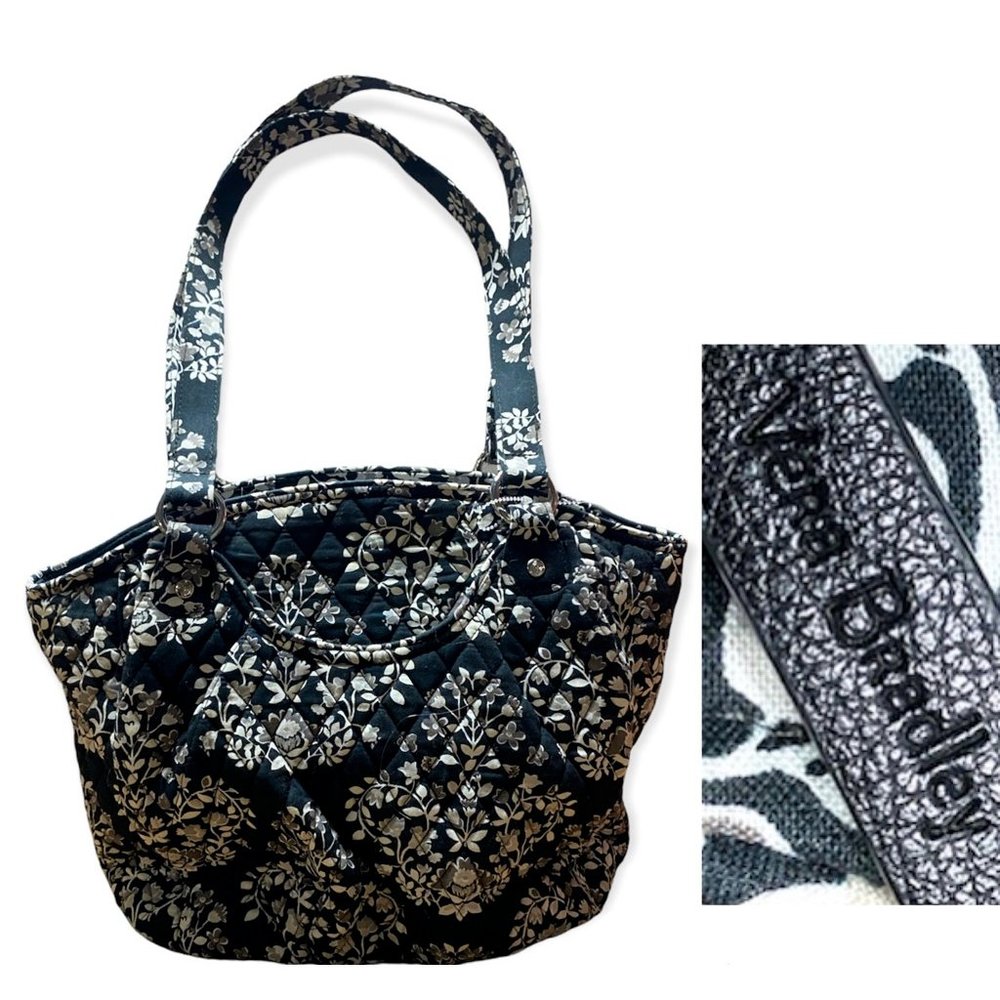 Vera Bradley Womens Tote Bag Black Gray Floral Cloth Dome Quilted Dual Handle M